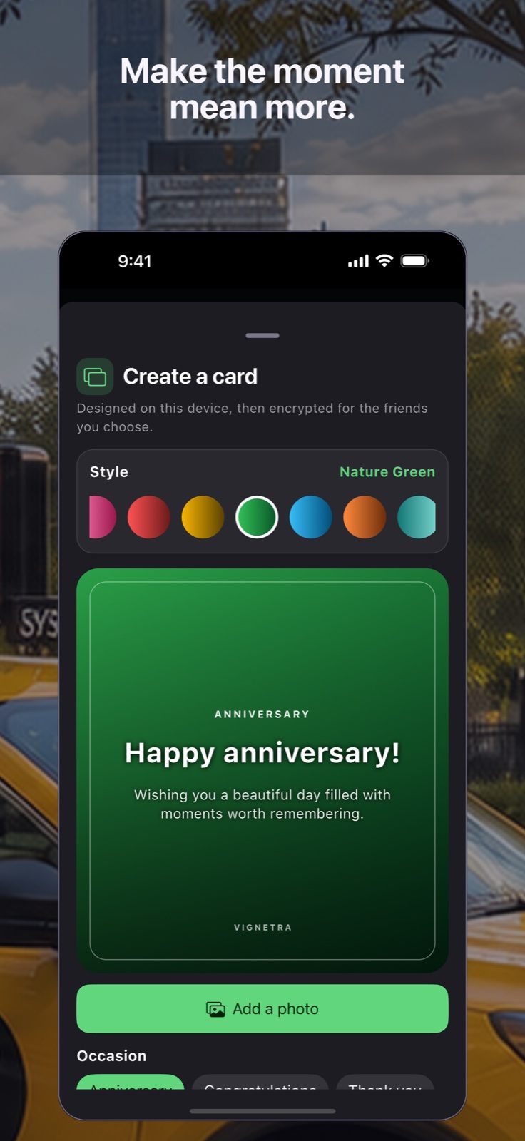 Vignetra card creator showing a personal memory card
