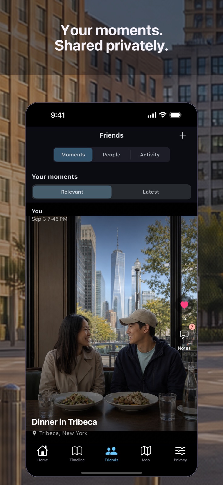 Vignetra Friends feed showing a shared moment