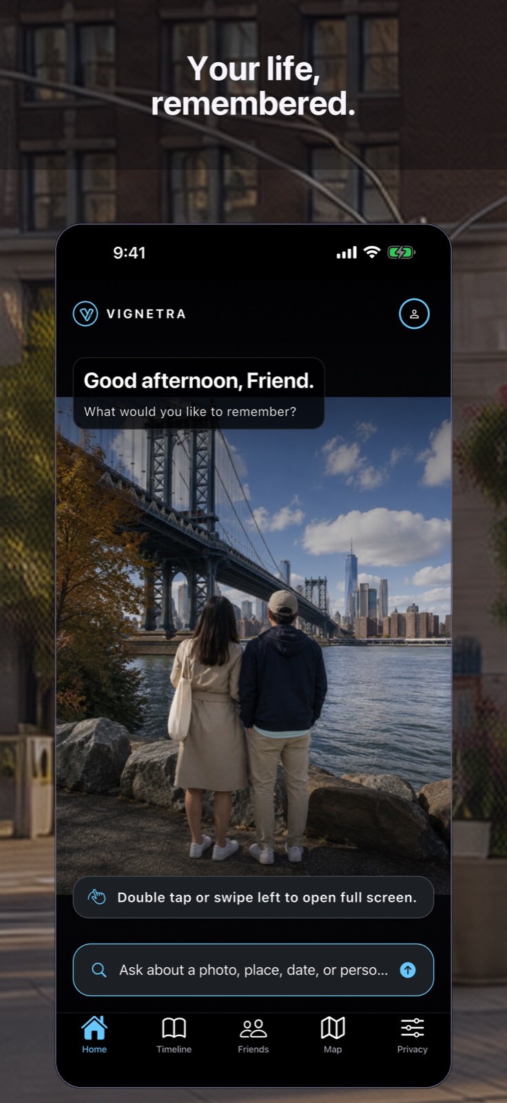 Vignetra home screen showing a featured moment and private search